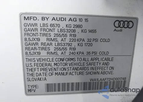 2017 Audi Q7 3.0T Premium из США, поврежденный, VIN WA1LAAF72HD001749